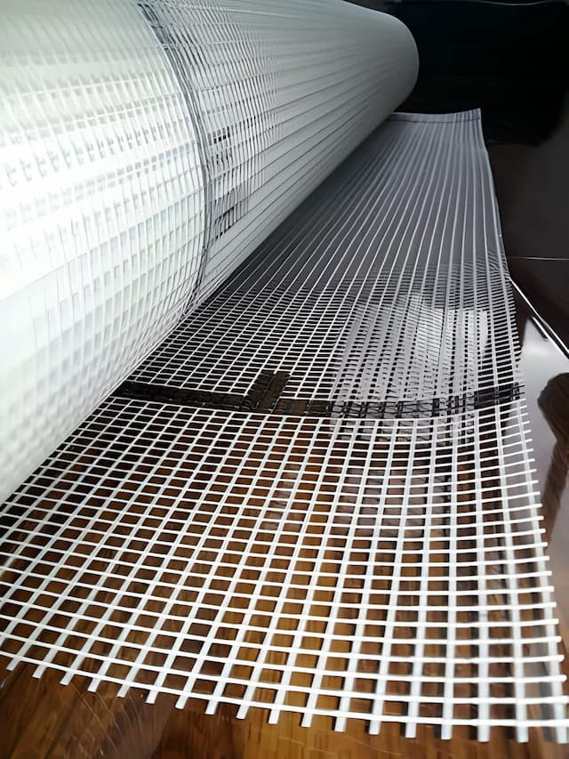 Fiberglass Mesh 5x4mm 160gr/m² Premium being applied on construction site for building reinforcement